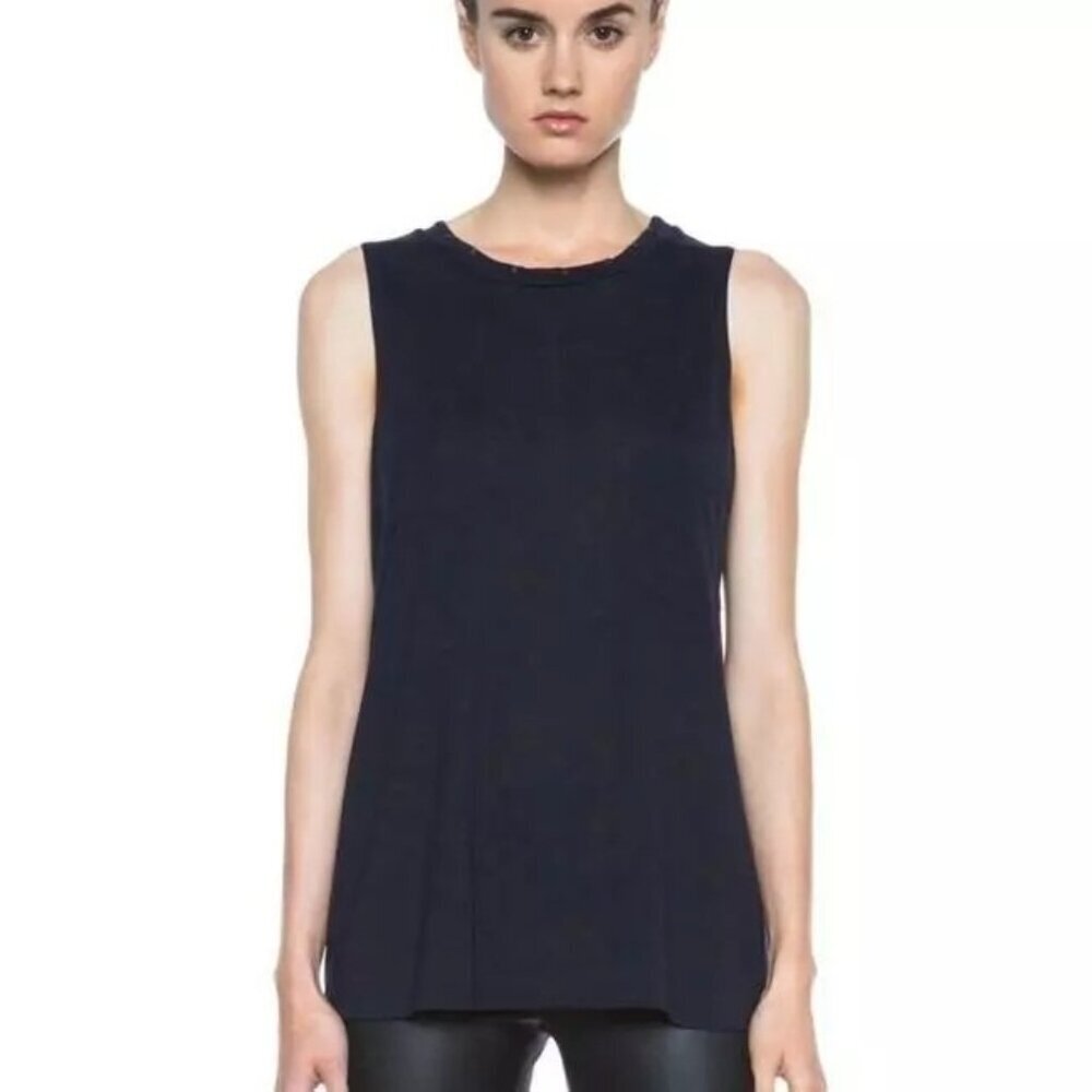Haute Hippie Size S Muscle Tank Top Embellished Neck Pocket Navy Jersey